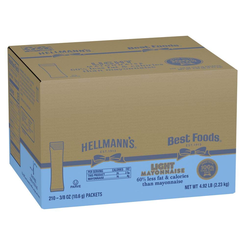 Hellmann's Light Mayonnaise Stick Packets Easy Open, Made with 100% Cage Free Eggs, Gluten Free, 0.38 oz, Pack of 210 : Grocery & Gourmet Food
