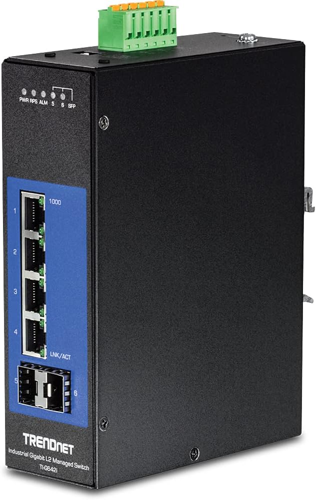 Weekly Top Sale TRENDnet, 6-Port Industrial Gigabit L2 Managed DIN-Rail Switch, 4 X Gigabit Ports, 2 X SFP Slots, DIN-Rail Mount, IP30, Vlan, Qos, Lacp, STP/Rstp, Bandwidth Management, Lifetime Protection, TI-G642i