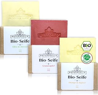 NATURAVELLA Premium 3 x BIO Seife Set | All-In-One Duschseife, Handseife, Körperseife & Haarseife | Vegan, Palmölfrei, Plastikfrei | 3x100g Naturseife Handgemacht in Österreich | Ideal als Geschenk