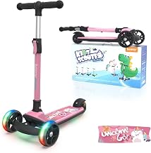 besrey 3-10 Years Girl Scooter with Multi-Coloured LED Wheels, 3 Wheels Folding Scooter for Girls, Adjustable in 4 Heights, Pink Unicorn