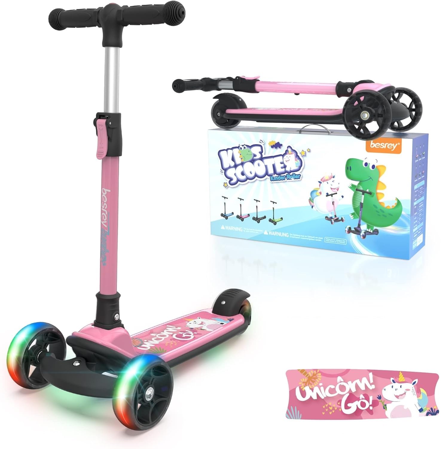 besrey Monopattino Bambina da 2-10 anni con Ruote LED Multicolore, Monopattino 3 Ruote Bambina Pieghevole, Regolabile in 4 Altezze, Unicorno rosa