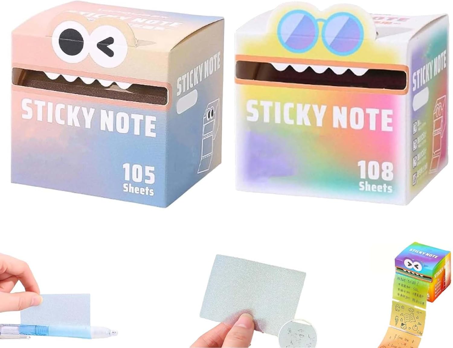 Cute Monster Pattern Sticky Note 105 Sheets/Roll, Fun Pastel Pull-Out Memo Pads, Self Adhesive Cartoon Notes, Fun Sticky Notes,Small to Do List Notes,Gift for Teachers & Students (2PCS-C)