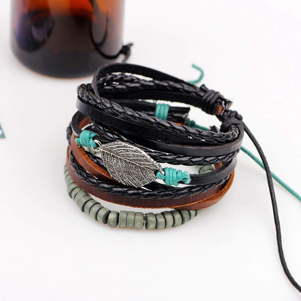 Mens Bracelet Set Leather Braided Beads Pack Adjustable