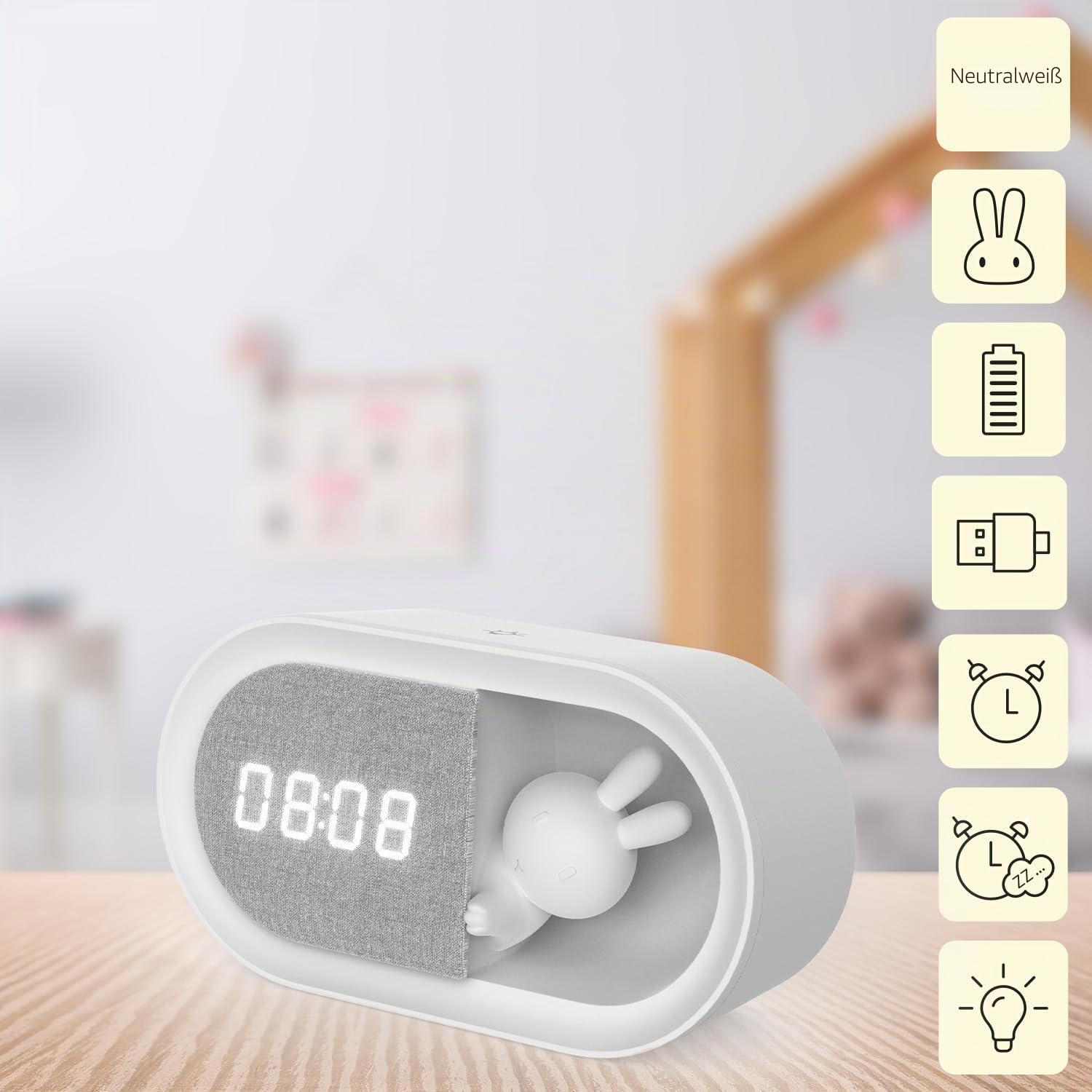 Forever Light Kinderwecker mit Nachtlicht FNL‑05 Ingrid | Digitaler Wecker mit 1200 mAh Akku & USB‑C | Geräuschlos | LED Häschen-Lampe | Für Kinderzimmer, Babyzimmer & Reisen – Weiß