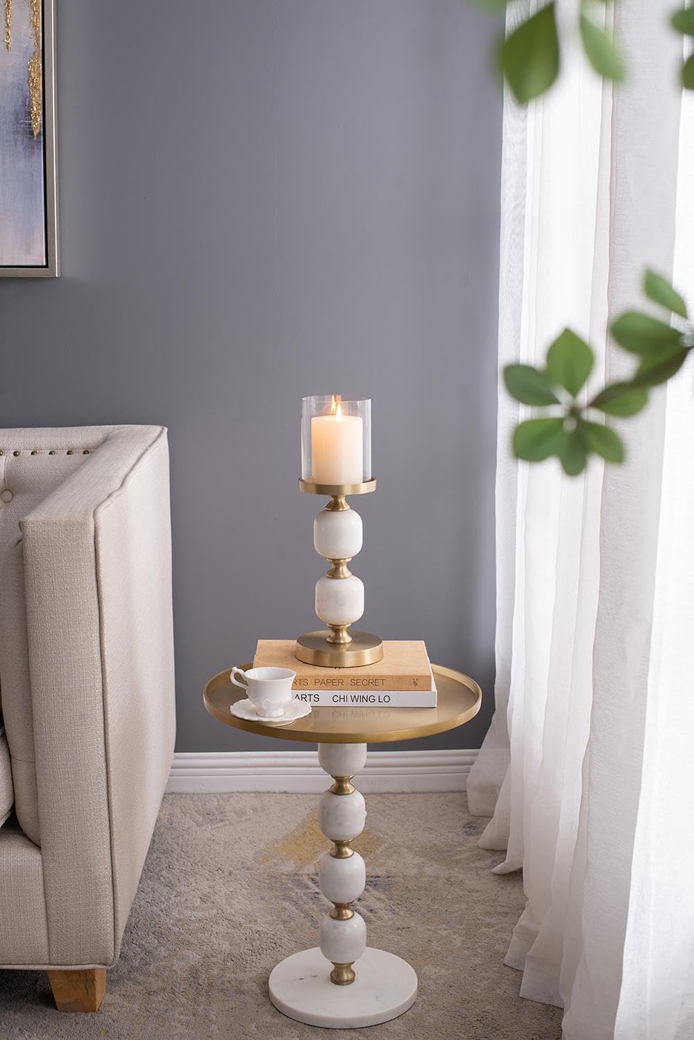 D5x15.5 Elegant Marble and Brass Hurricane Candle Holder - Luxurious White Marble Pedestal with Clear Glass Cylinder for Pillar Candles, Modern Farmhouse Decor Accent
