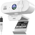 AOC 4k Webcam for PC with Microphone, Computer Camera with Noise Cancellation, Privacy Cover, 99° FOV, Plug & Play USB Webcam for Streaming, Conferencing, Skype, Facetime, Laptop, PC, Skype White