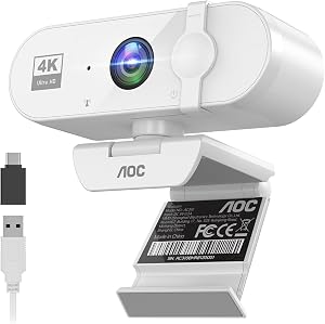 AOC 4k Webcam for PC with Microphone, Computer Camera with Noise Cancellation, Privacy Cover, 99° FOV, Plug & Play USB Webcam for Streaming, Conferencing, Skype, Facetime, Laptop, PC, Skype White