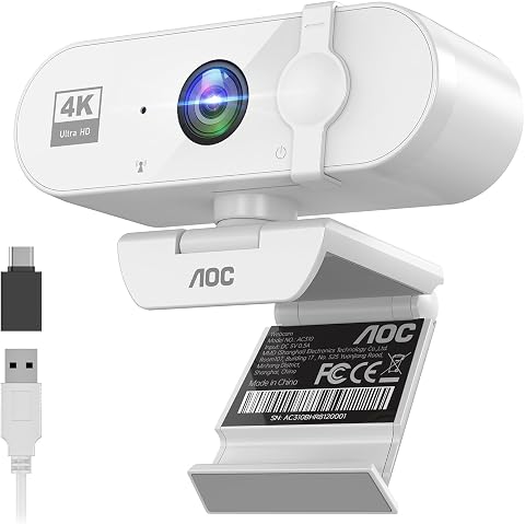 AOC Webcam for PC with Microphone, 4K Webcam Privacy Cover, Plug & Play (White) | Computer Camera with 99° FOV, Noise Cancellation, Web Cam for Laptop, Desktop, PC, Zoom, Teams, Facetime, Conferencing White