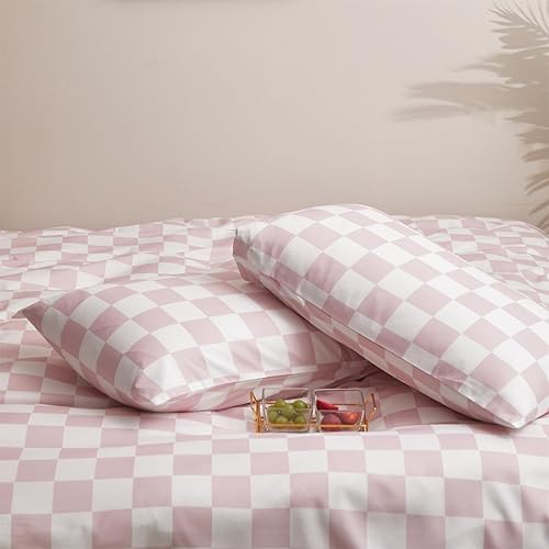 Miniatura 6 de Wellboo Juego de edredón a cuadros rosa y blanco, tamaño individual, para mujeres y hombres, ropa de cama de cuadros rosa y blanco, edredones de