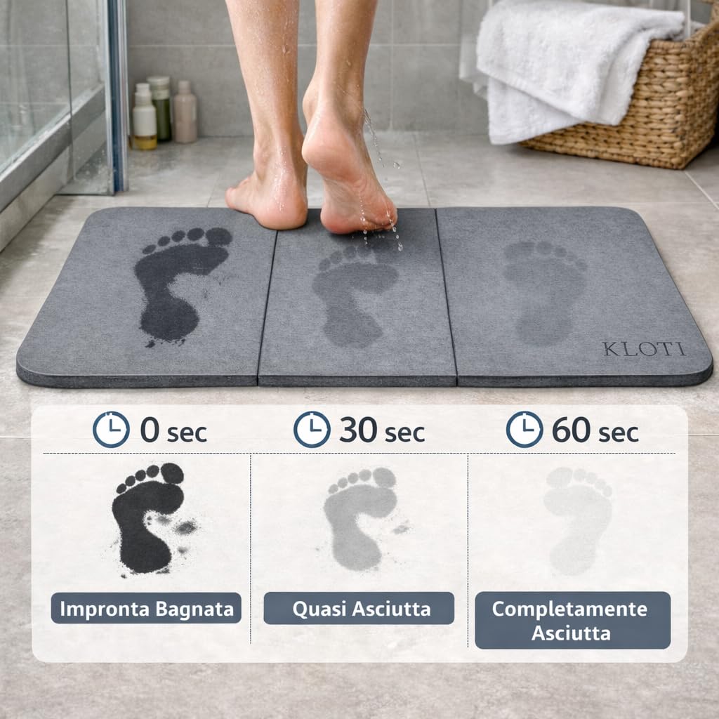 KLOTI Tappeto bagno in diatomite, tappeto bagno antiscivolo, tappetino doccia assorbente, tappeto antiscivolo vasca, asciugatura rapida, anti muffa, 60x39 cm, grigio