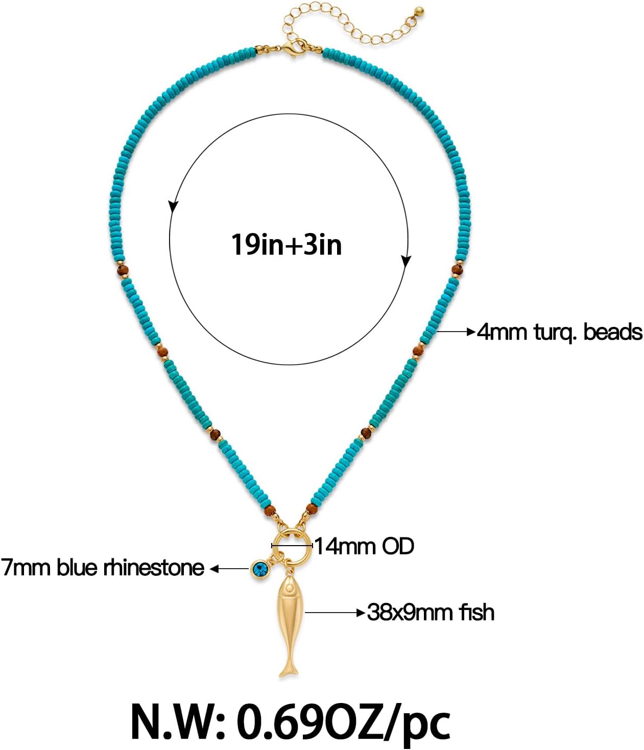 Gold Fish Necklace For Women Blued Beaded Strand Toggle Necklace With Gold Fish Pendants Dainty Summer Beach Turquoise Jewelry - Image 6