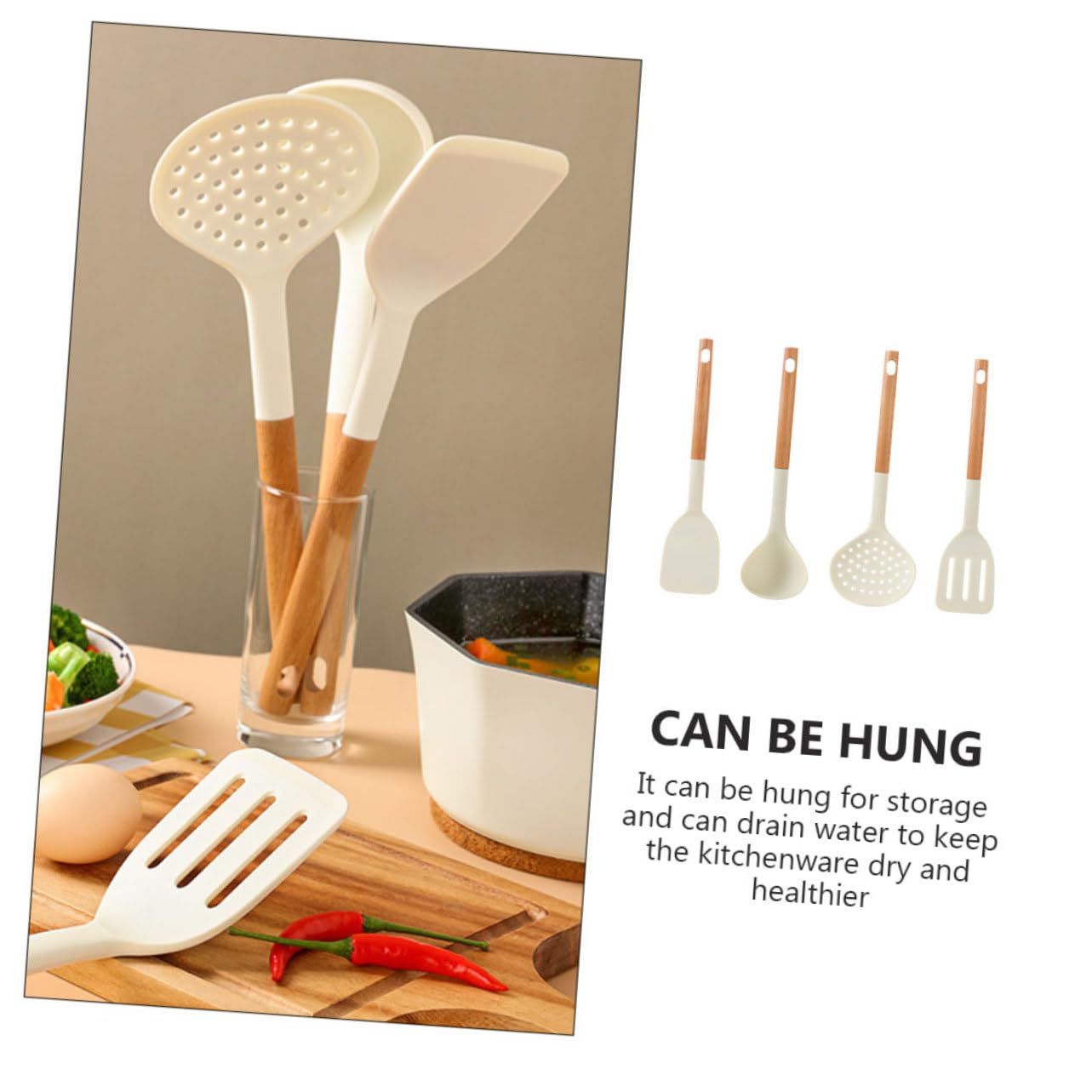 Set di Utensili da Cucina in Silicone Antiaderente Manico in Legno