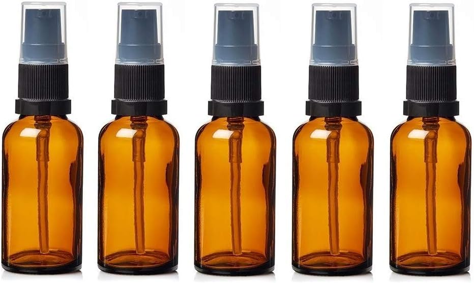 Avalon Cosmetic PackagingPack of 5 Glass Bottles with Black Treatment Pump and Clear Overcap - Refillable Bottles for Essential Oils, Serums, and Beauty Products (Brown, 30ml)