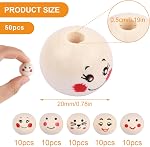 50 Pcs 5 Styles Smile Face Wooden Beads, 20mm Natural Round Wood Beads, Hair Braid Beads Spacer Beads with 5mm Hole for DIY Crafts Macrame Bracelet Necklace Jewelry Making Handmade Decorations