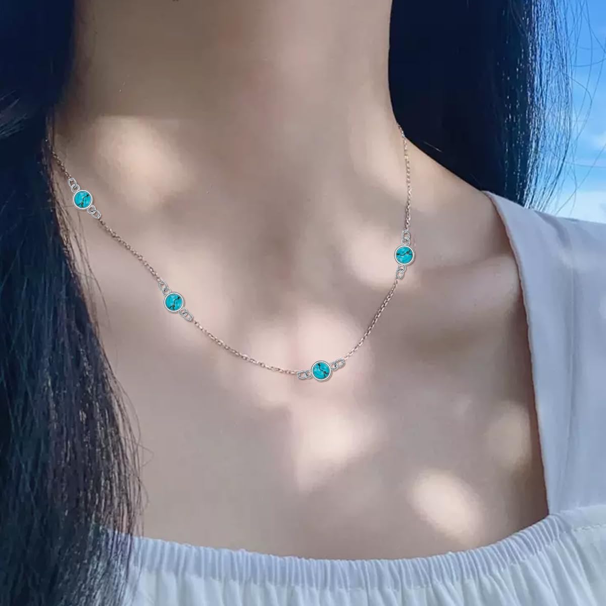 Turquoise Bead Necklace 925 Sterling Silver 5mm Natural Turquoise Gemstone Bohemian Jewelry Gifts for Women 18 Inches - Image 2