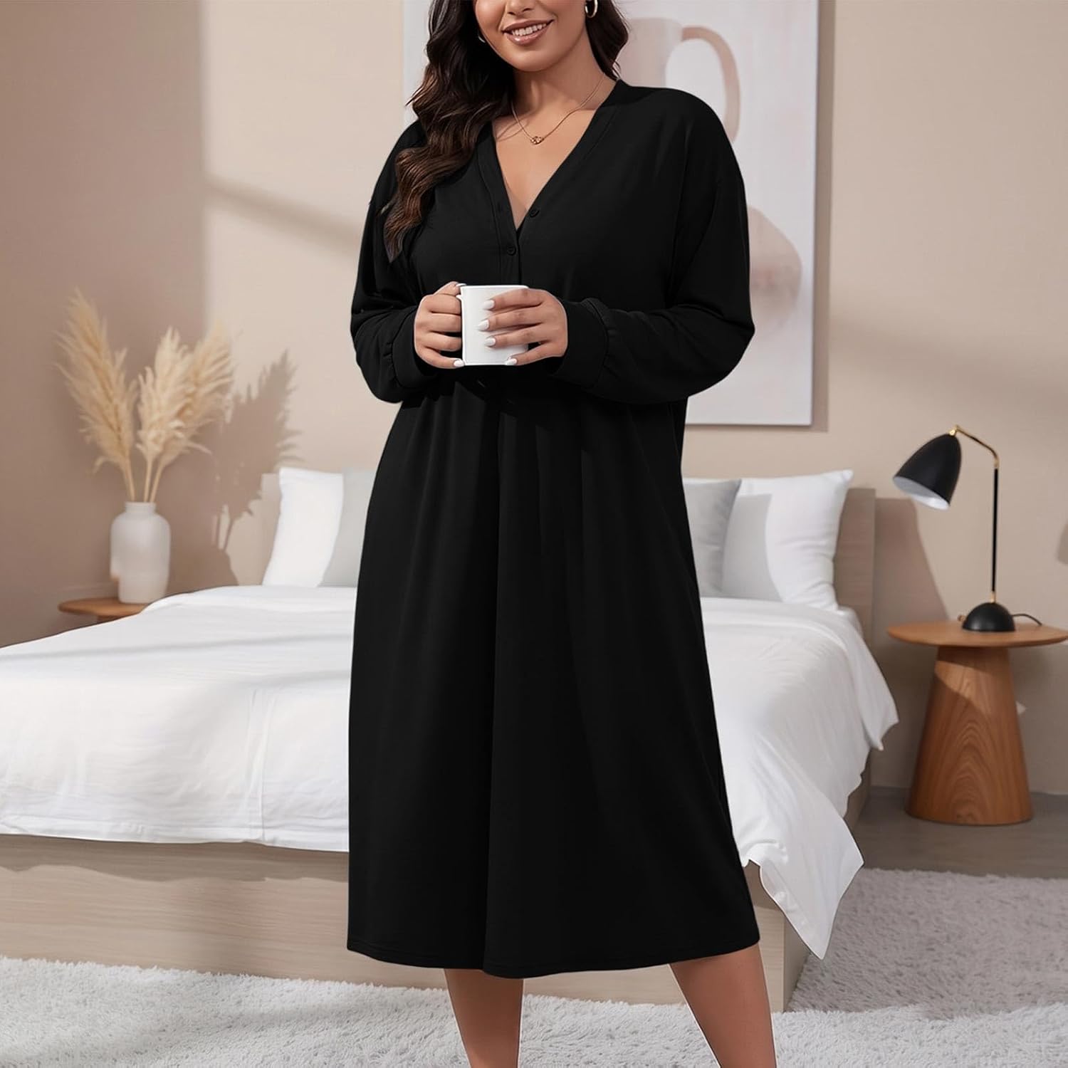 Womens Plus Size Henley Tunic Tops Long Sleeve Casual Sleep Shirts