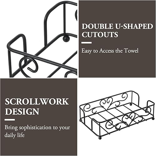 Miniatura 2 de MyGift Toallero de papel plegable de alambre de metal negro clásico con diseño vintage de volutas, bandeja dispensadora de servilletas para mesa de