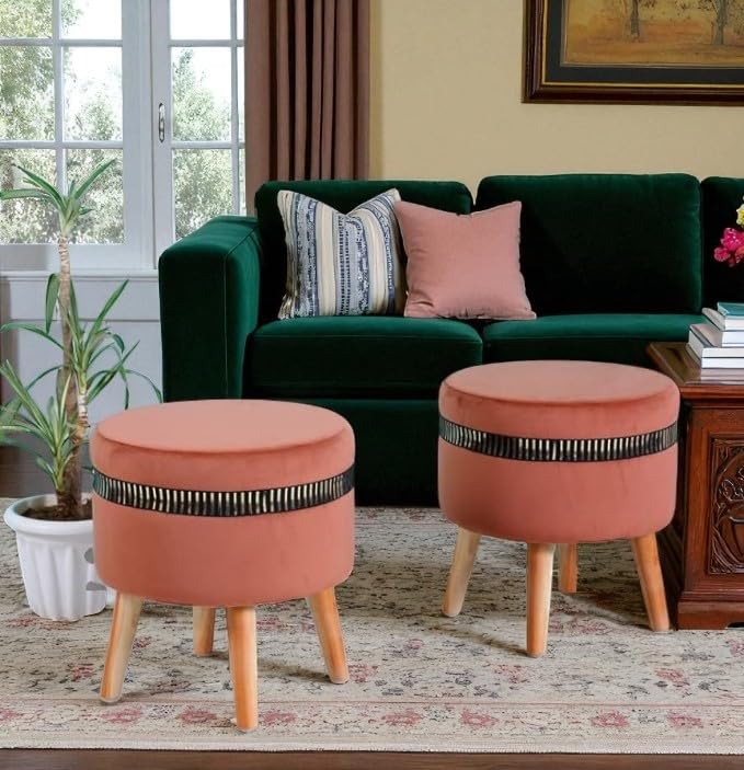 Image of Ottoman Stool for Living Room Foot Rest | Velvet Small Ottoman Foot Stool | Solid Wood Legs | Footstool Puffy for Home, Bedroom & Makeup Table | 16x16x18 Inch, Set of 2 (Mouse)