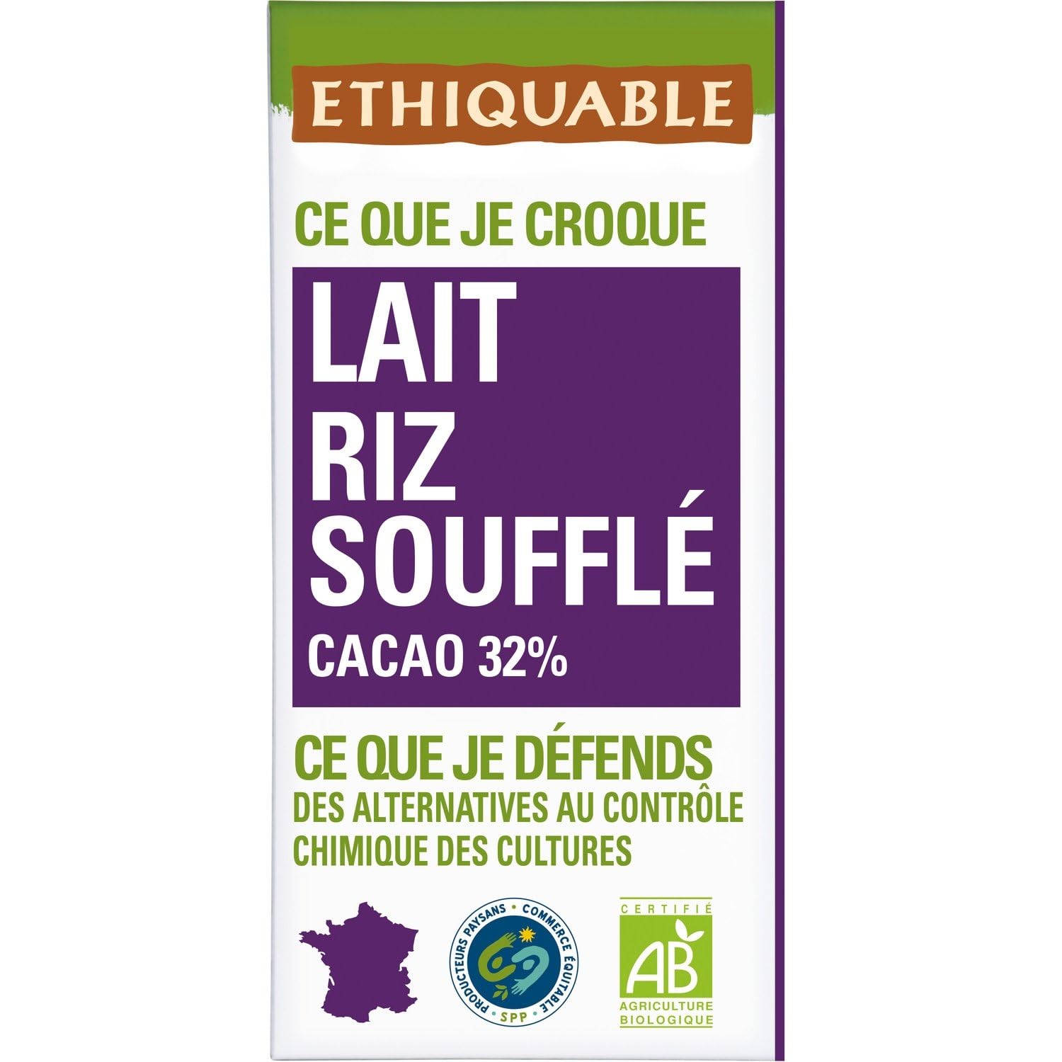 Tablette De Chocolat Au Lait Riz Soufflé Pérou Bio ETHIQUABLE - la tablette de 100g Lot De 4 - Par Lot