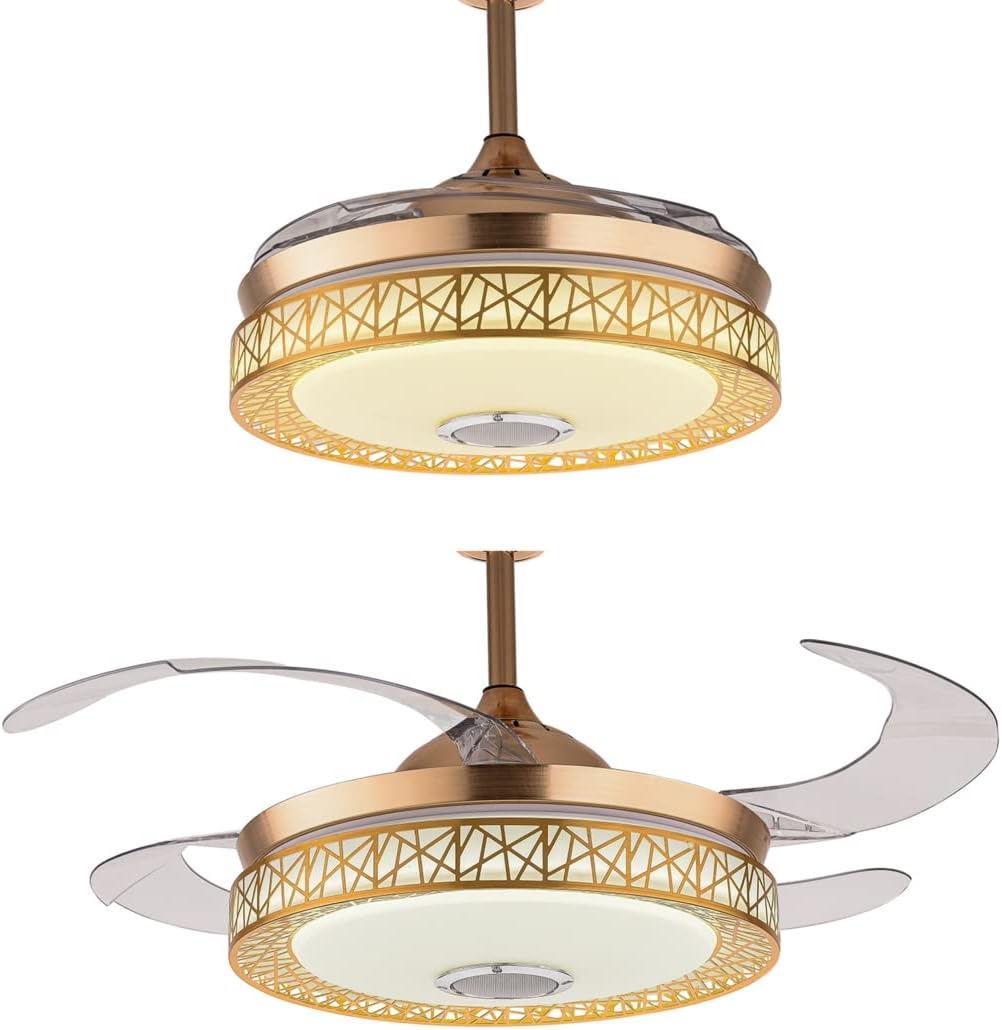 Super Deal Product 42 Inch Bluetooth Ceiling Fan Light with Remote, 3 Colors LED Dimmable Fan Chandelier 4 Retractable Blades Fan Music Player Chandelier for Dining Room Living Room Bedroom (Gold)