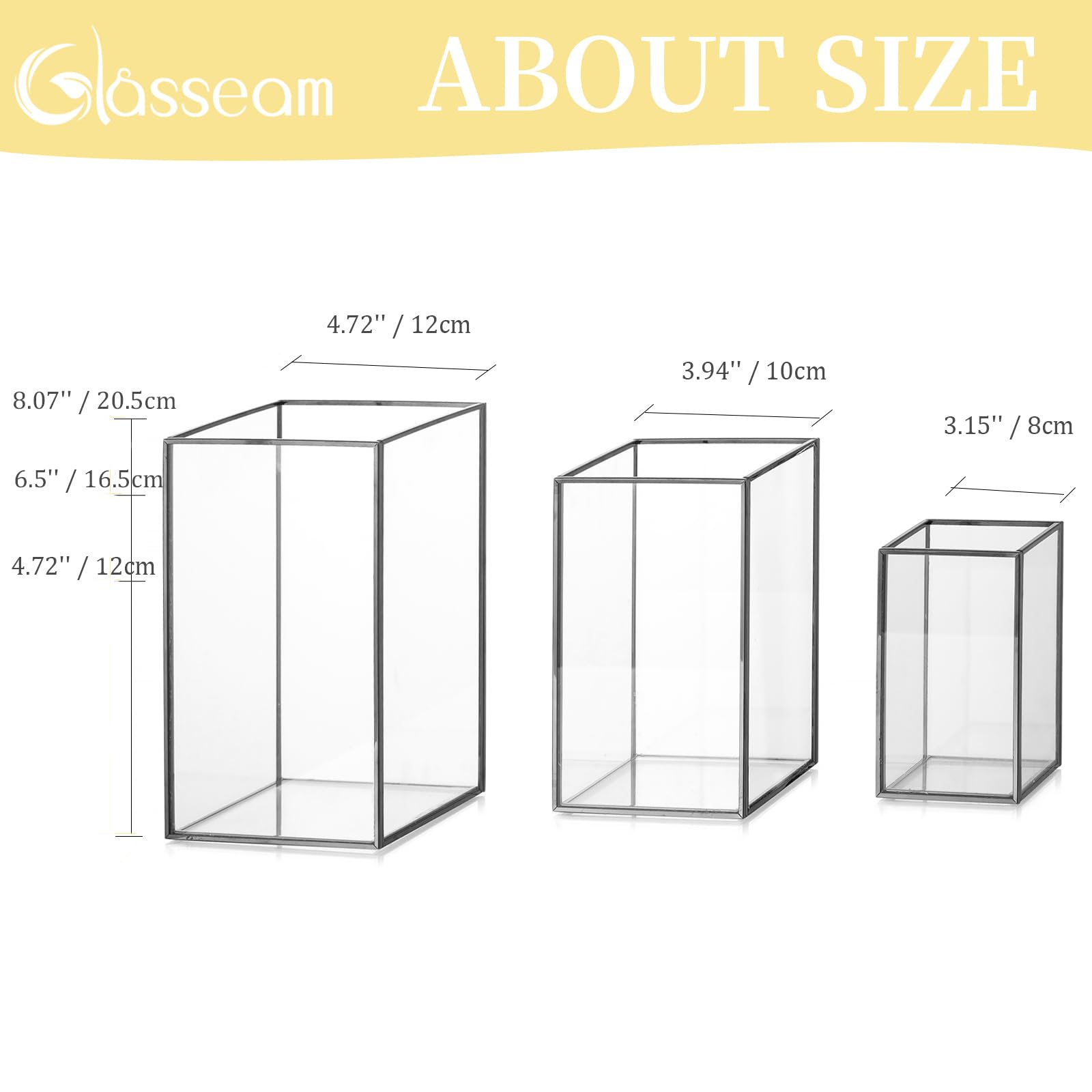 Glasseam Hurricane Black Candle Holder, Set of 18 Glass Candle Holders for Pillar Candles, Square Metal Candle Holders, Clear Outdoor Candle Holder for Dining Table Centerpiece Wedding Decorative