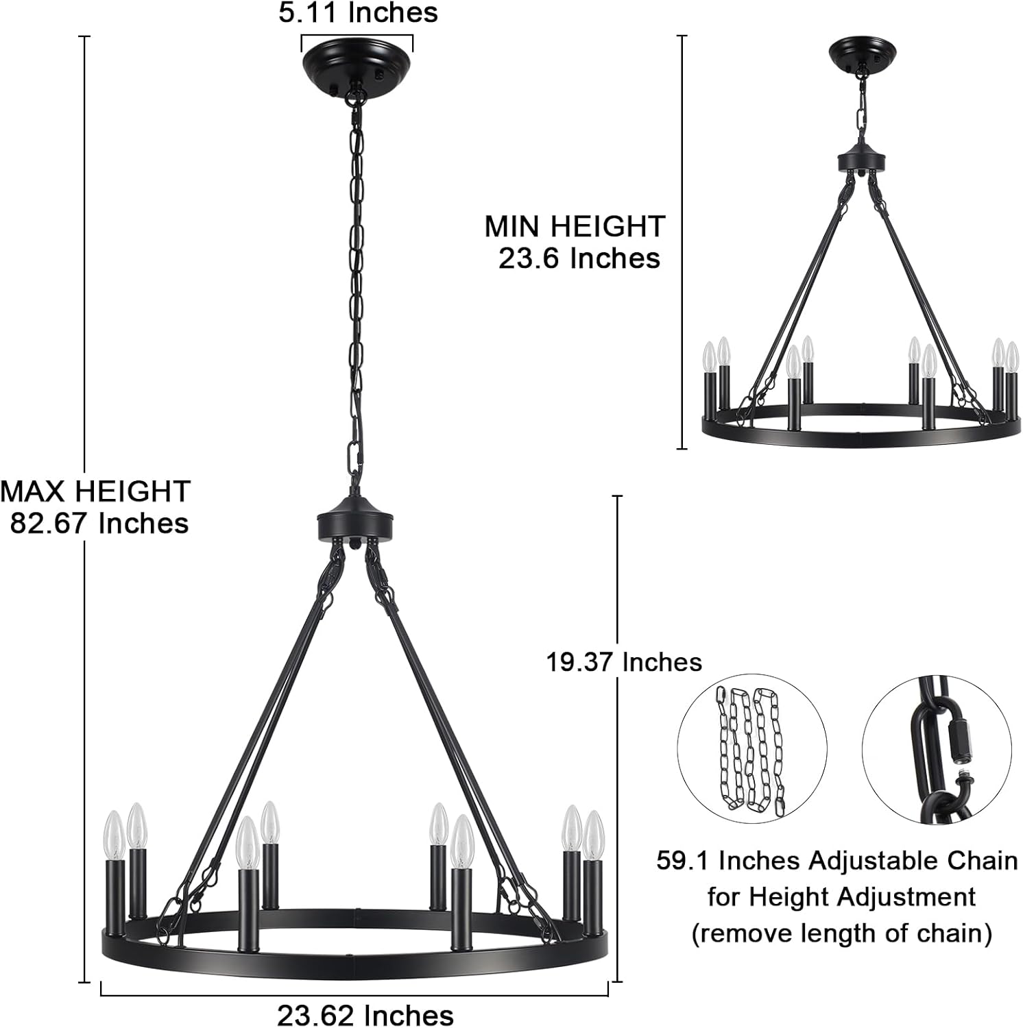 LASENCHOO Round Black Wagon Wheel Chandelier Farmhouse for Dining Room Light Fixture 8 Lights Dia 23.6" Large Wrought Iron Black Chandeliers for High Ceilings Outdoor Entryway Foyer Living Room Porch