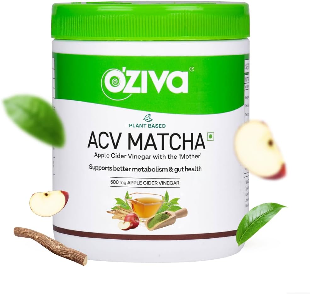 OZiva Plant Based Apple Cider Vinegar Matcha (Apple Cider Vinegar With Mother And Matcha Tea) For Weight Management, Metabolism & Gut Health (Pack Of 1) - 50 Grams