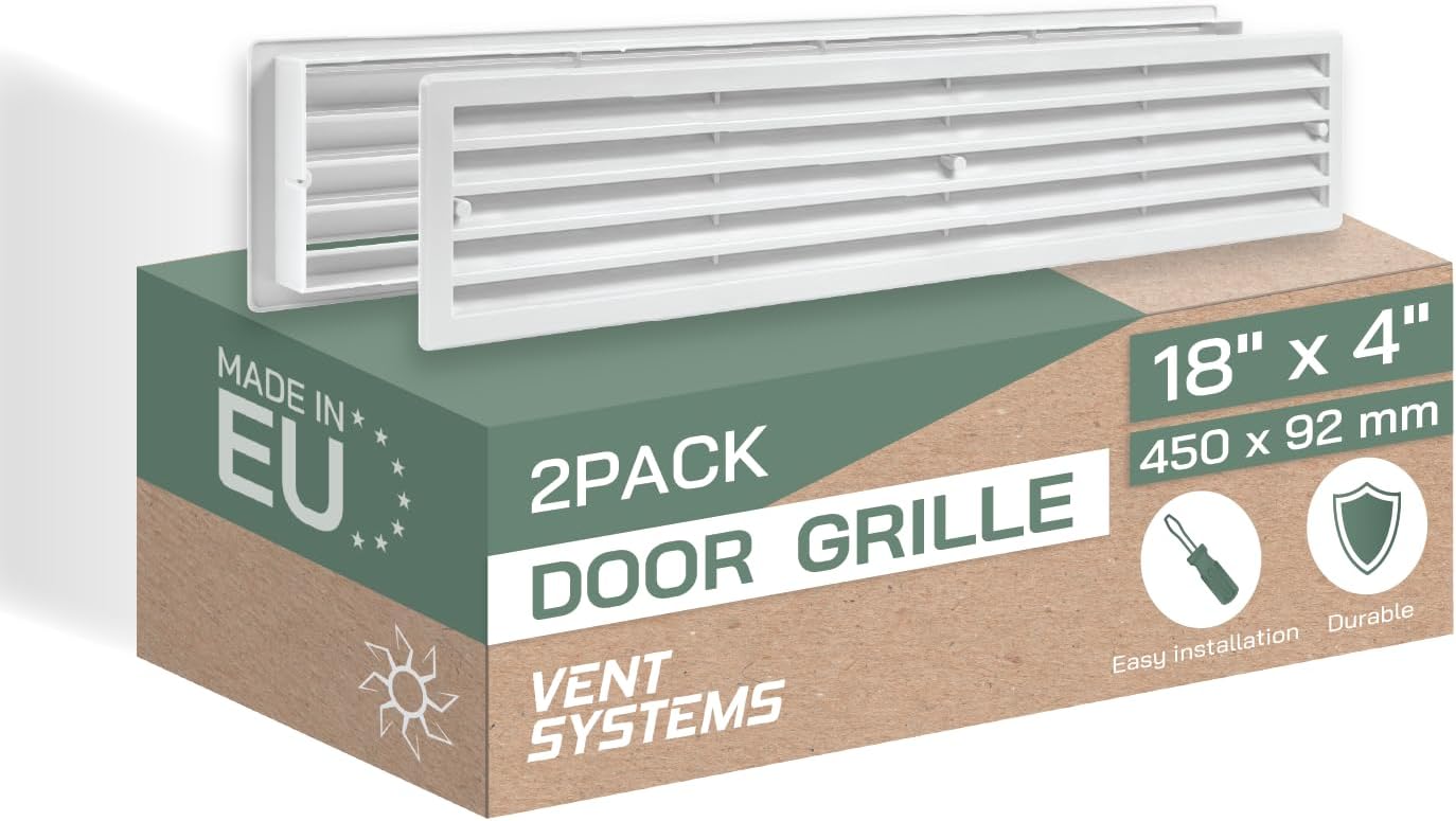 Vent Systems 18" x 4" Inch White Louvered Two Sided Door Grille - 2-Pack - Plastic Indoor Ventilation Cover - Intake Air Register for Interior Door Mounting - for Garage, Home Improvement