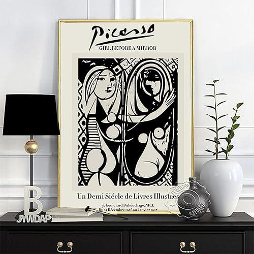 Picasso - Lienzo decorativo para pared, diseño de niña antes de un espejo, diseño abstracto de cubismo, diseño vintage, color beige, para decoración