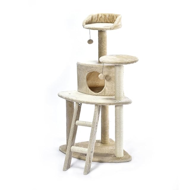 Foto 2 de 7 de PATAM Árbol rascador de sisal Natural para Gatos con Escalera y caseta de Peluche, Base Reforzada y fácil…
