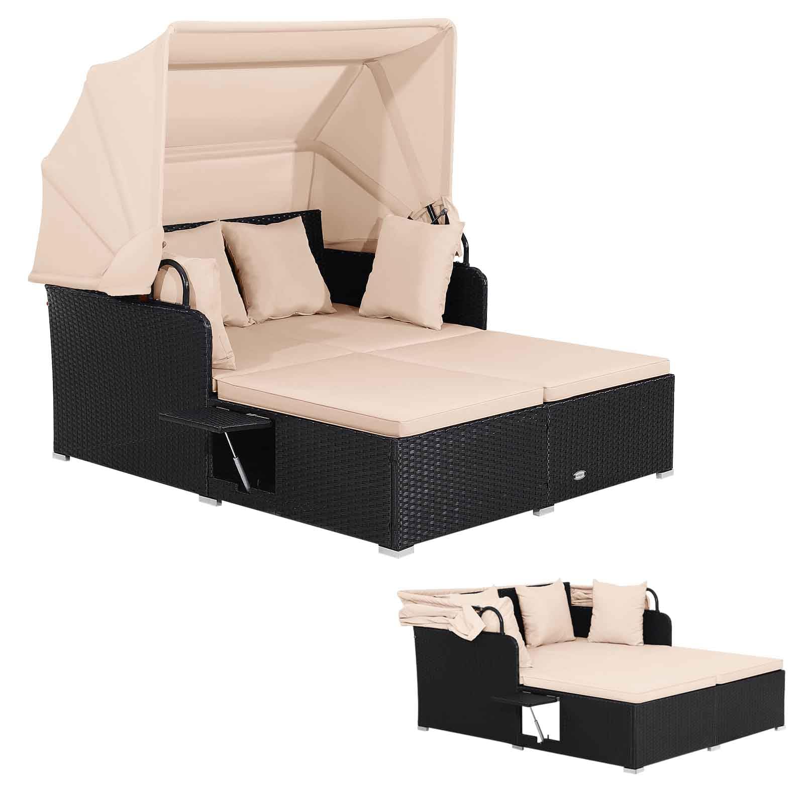 LIFEZEAL Salotto da Giardino Esterno, in Rattan PE, Divanetto per 2 Persone, Trasformabile in Letto Matrimoniale, con Ombreggiatura del tettuccio, Tavolino da Caffè e 4 Cuscini, 165x153x138cm (beige)