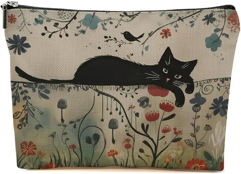 Necessaire BQXH Vintage com Estampa Floral de Gatos, Fechamento com Zíper, 20,07 x 18,03 x 0,25 cm