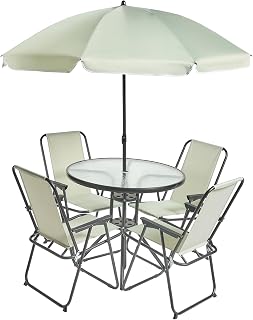 OHS 6 Piece Garden Furniture, Patio Set with Parasol Outdoor 4 Folding Dining Chairs Round Tempered Glass Table Outdoor Furniture Garden Bistro Set Ideal for Dining in the Sun, Sage Green