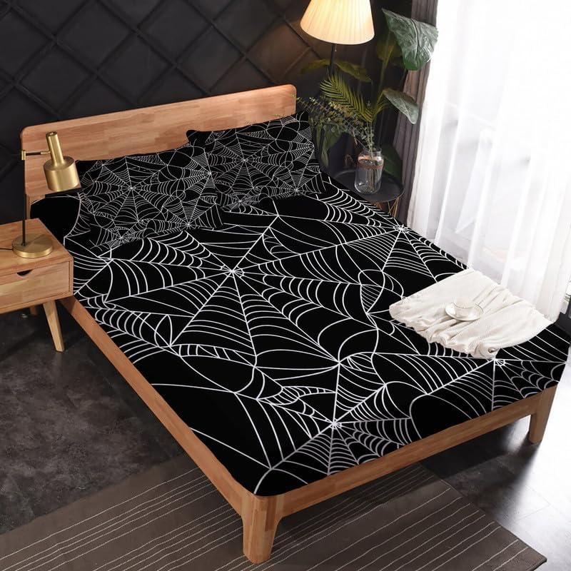 Miniatura 2 de Sábanas de tela de araña tamaño King  Sábanas de Halloween para niños y niñas, microfibra suave y bolsillo profundo y sin arrugas, 1 sábana bajera,