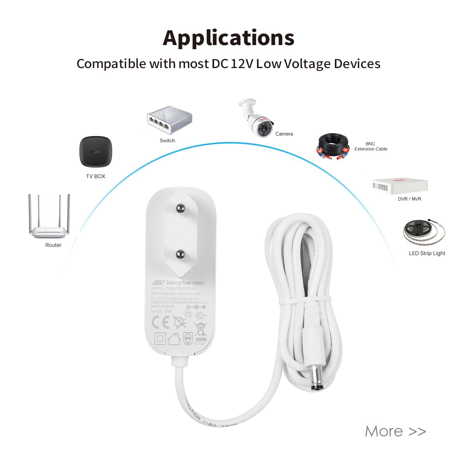 Tonton 12 V, 2 A DC zasilacz z 1,8-metrowym kablem, 24 W adapter sieciowy, wtyk 5,5 mm x 2,1 mm, zasilacz sieciowy do kamer nadzoru, NVR DVR IP kamera, taśma LED, TV-Box. Rejestrator CCTV (1,8 metra