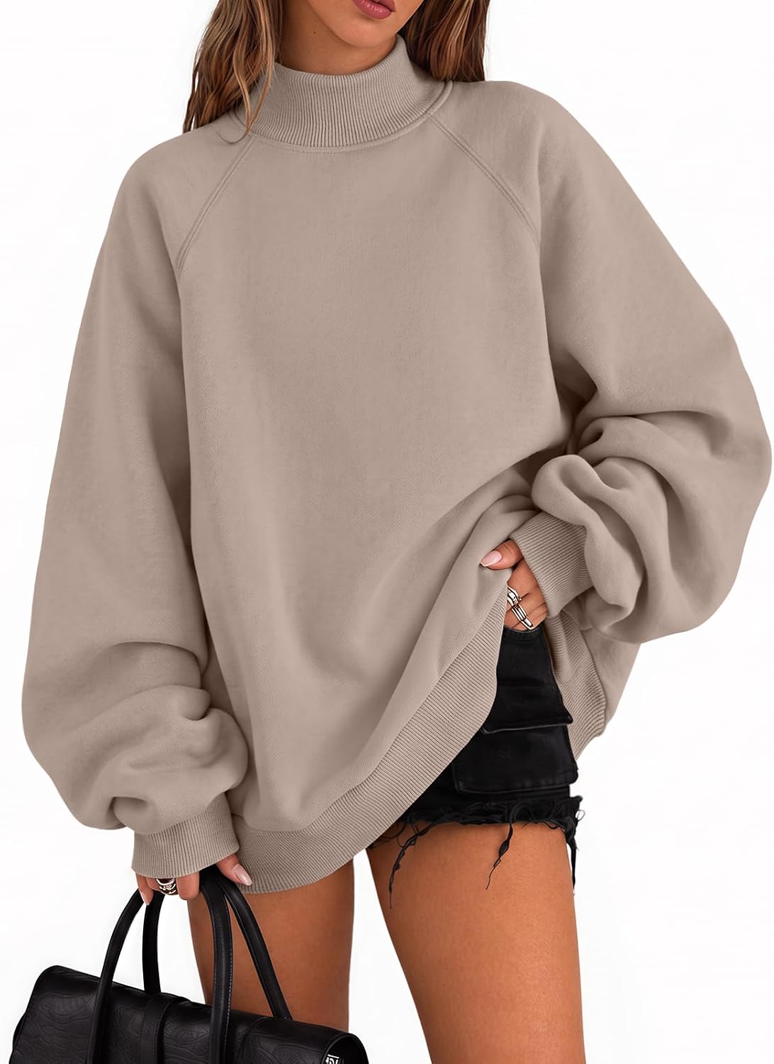 Trendy Queen Women’s Mock Neck Oversized Sweatshirts with Pockets | Fall Fashion Outfit, Fleece Winter Clothes, Travel Casual Work Top, Basic Lounge Pullover, Raglan Sleeve Top 2026