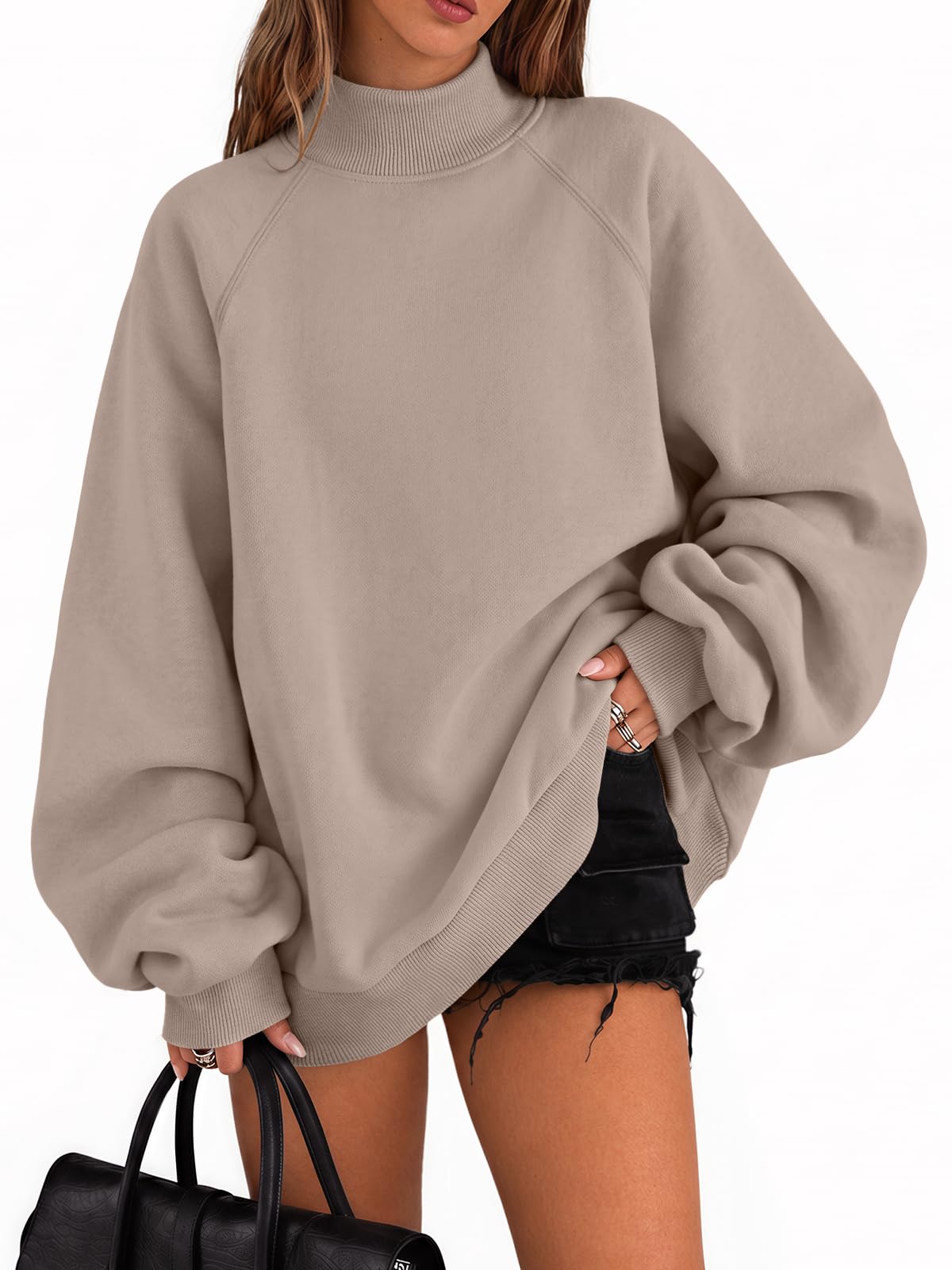 Trendy Queen Women’s Mock Neck Oversized Sweatshirts with Pockets | Fall Fashion Outfit, Fleece Winter Clothes, Travel Casual Work Top, Basic Lounge Pullover, Raglan Sleeve Top 2026