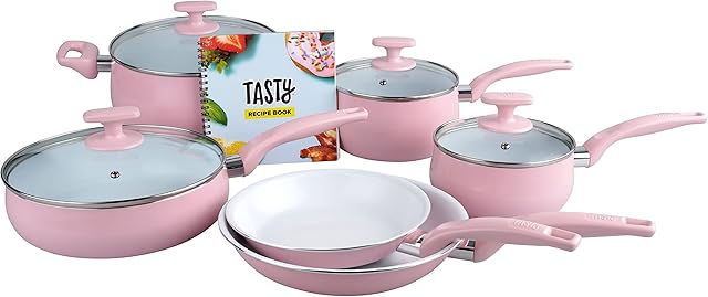 Tasty Pots and Pans Set with Glass Lids & Tasty Cookbook, Pink Cookware Set, 6-Piece Kitchen Pan Set with Lids with Steam Vents, Ceramic Reinforced Titanium Non-Stick Coating, Dishwasher Safe
