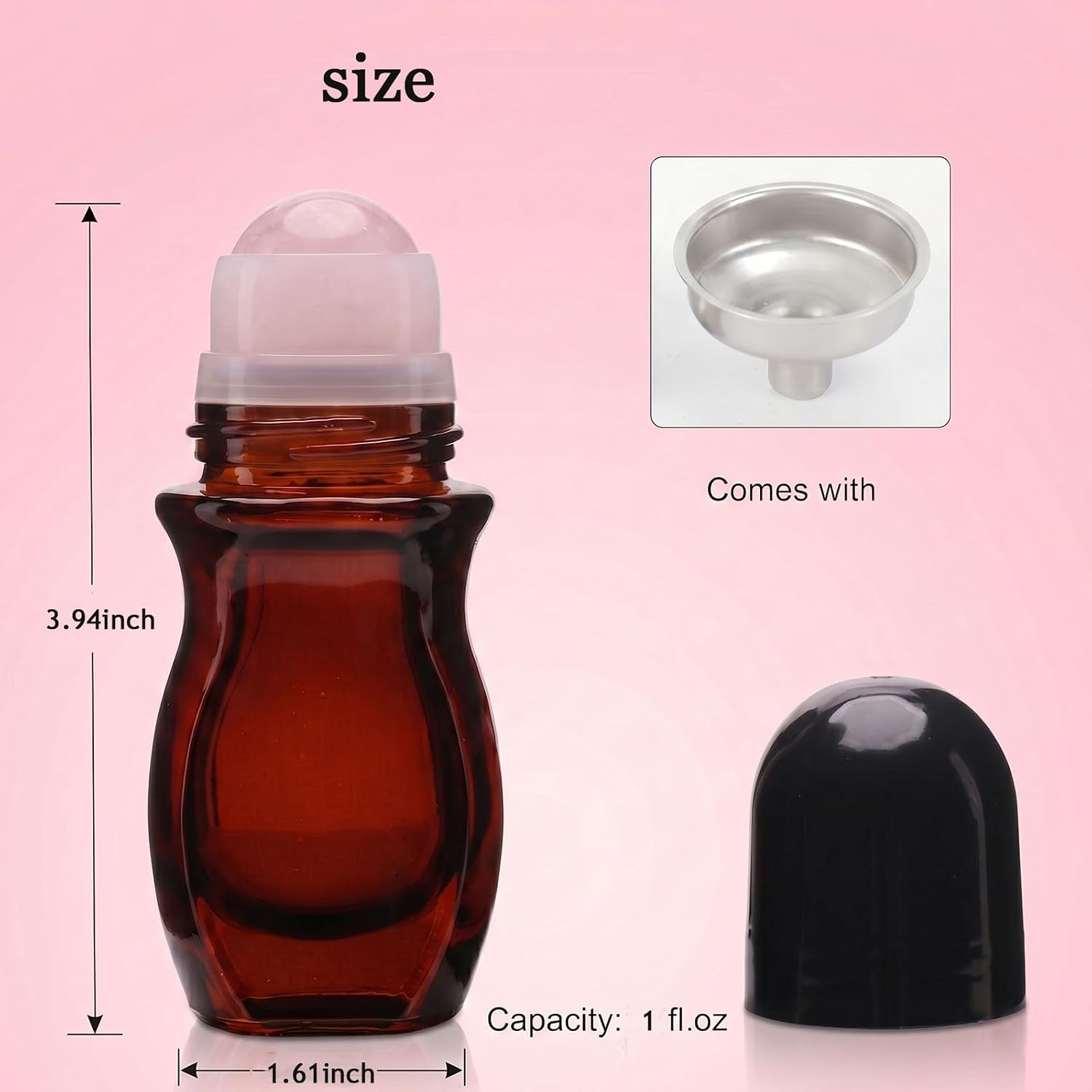 30ml Amber Glass Roll On Bottle with Natural Rose Quartz Crystal Roller Ball, Refillable Empty Container for Essential Oil Perfume Deodorant Black Cap
