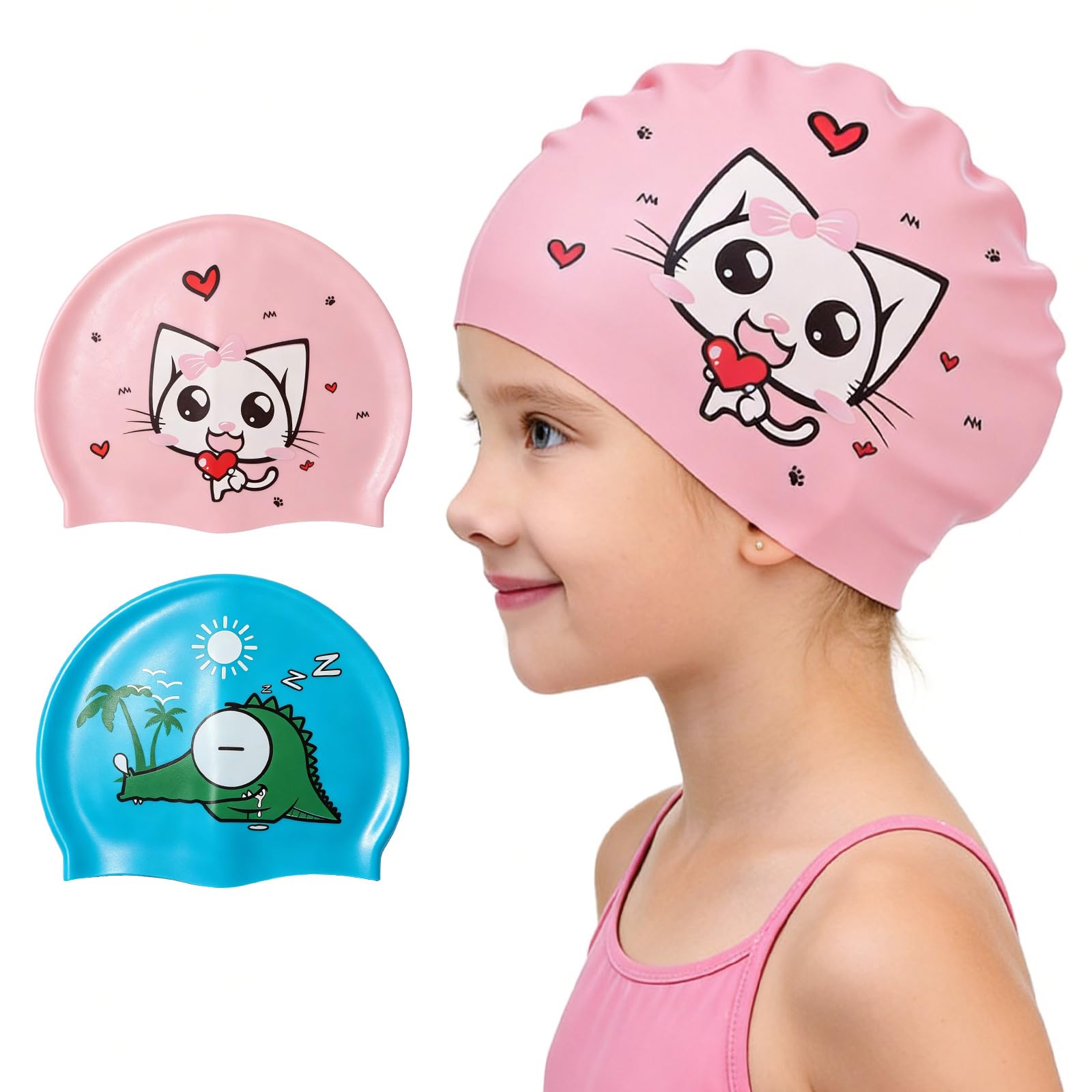 CQSXM Children's Swimming Cap - Waterproof Swimming Cap for Girls - Silicone Swimming Cap with Cat Cartoon Pattern - 100% Tear-Resistant (Pink, Not Personalised)