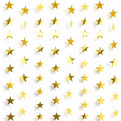 105Feet Gold Star Garland Banner for Birthday Party Decorations 2026 Hanging- Golden Double Side Twinkle Paper Stars Streamers Backdrop for Graduation Wedding, Wall Ceiling Classroom Decor 8Pack