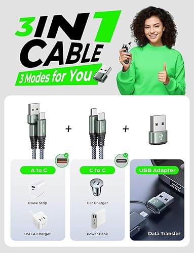 Vista 31 de AINOPE Cable USB C a USB C, paquete de 2 cables USB C de 6 pies de carga rápida con adaptador USB a USB C, cable USB a USBC de 60 W para iPhone 17
