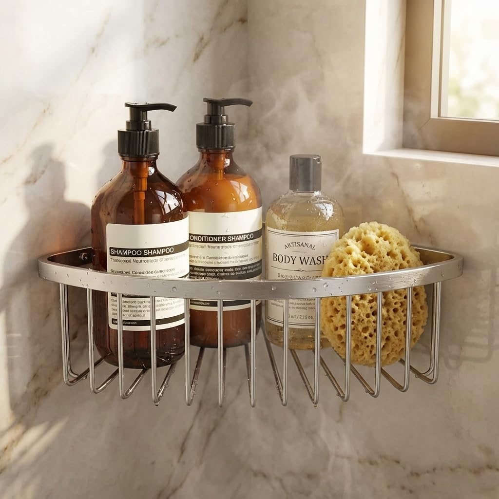 QWORK® Mensola Doccia Angolare Acciaio Inossidabile 304, 22.5 x 22.5 x 8.5 cm Mensola per Doccia, per Cucina Bagno
