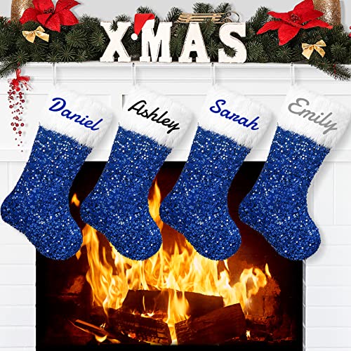 Amidaky Christmas Stockings Personalized Red Blue Silvery Sequin Christmas Stocking 5 Pack Large Customized White Faux Fur For Xmas Family Stocking Ornament #TOP2