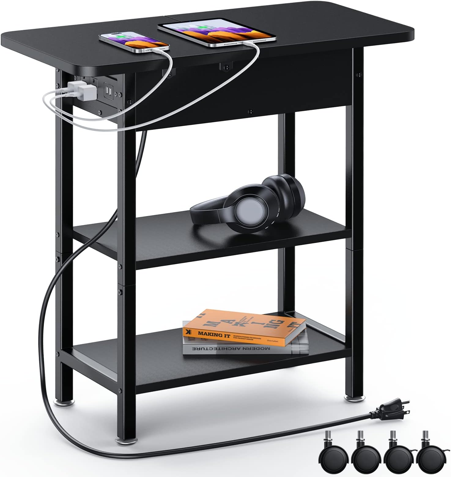 Yaabii End Table with Charging Station,Flip Top Side Table with USB Ports and Outlets,Nightstand for Small Spaces,Bedside Tables with Storage Shelf for Living Room,Bedroom,Black