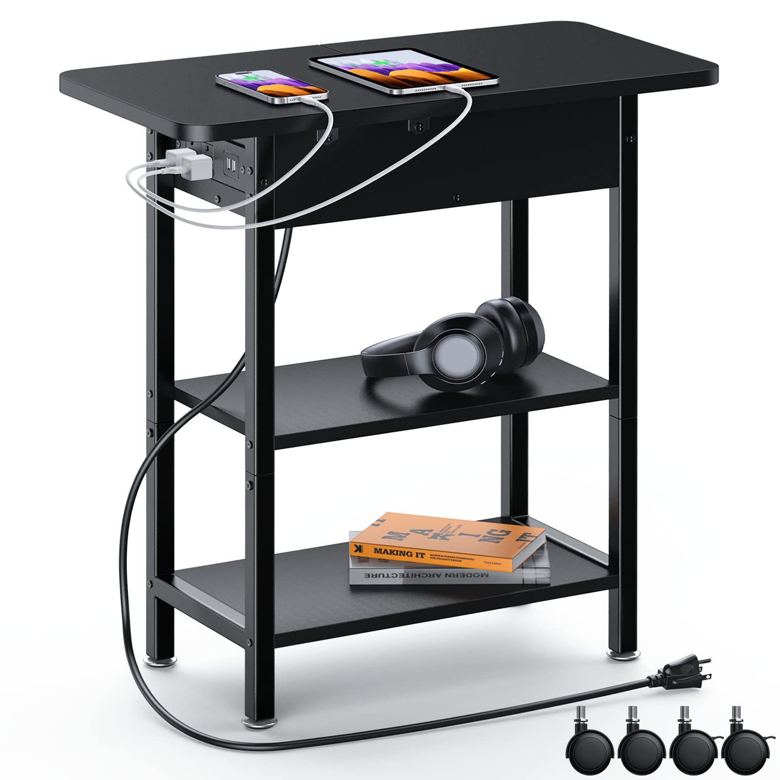 Yaabii End Table with Charging Station,Flip Top Side Table with USB Ports and Outlets,Nightstand for Small Spaces,Bedside Tables with Storage Shelf for Living Room,Bedroom,Black
