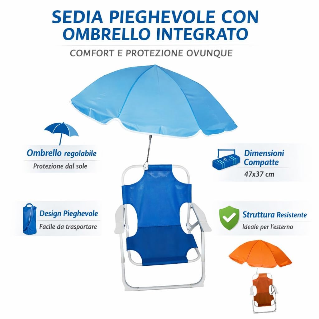 Spiaggina Sedia Sdraio Pieghevole per Bambini con Ombrello Integrato – Sedia Mare Compatta 47×37 cm, Colori Assortiti