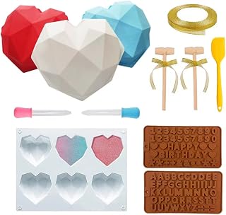 12 piezas Molde Silicona Forma Corazón-Molde Corazón Diamante Romántico + Bandeja Molde Corazón Cavidades + Molde Letra 2 Chocolate + 2 Martillos Madera, Kit Bricolaje