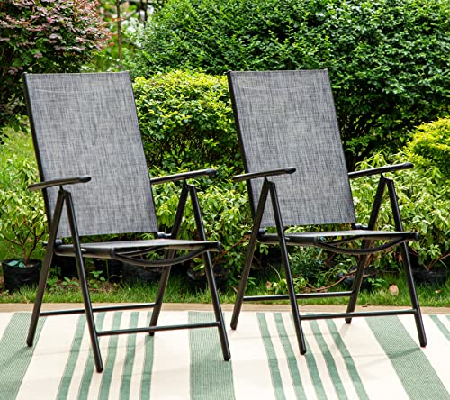 Phi Villa Patio Dining Chairs Set Of 2, Adjustable Folding Patio Sling Chairs Reclining High Back Chairs With Armrest For Outdoor Garden Lawn Pool Yard, Grey #TOP6