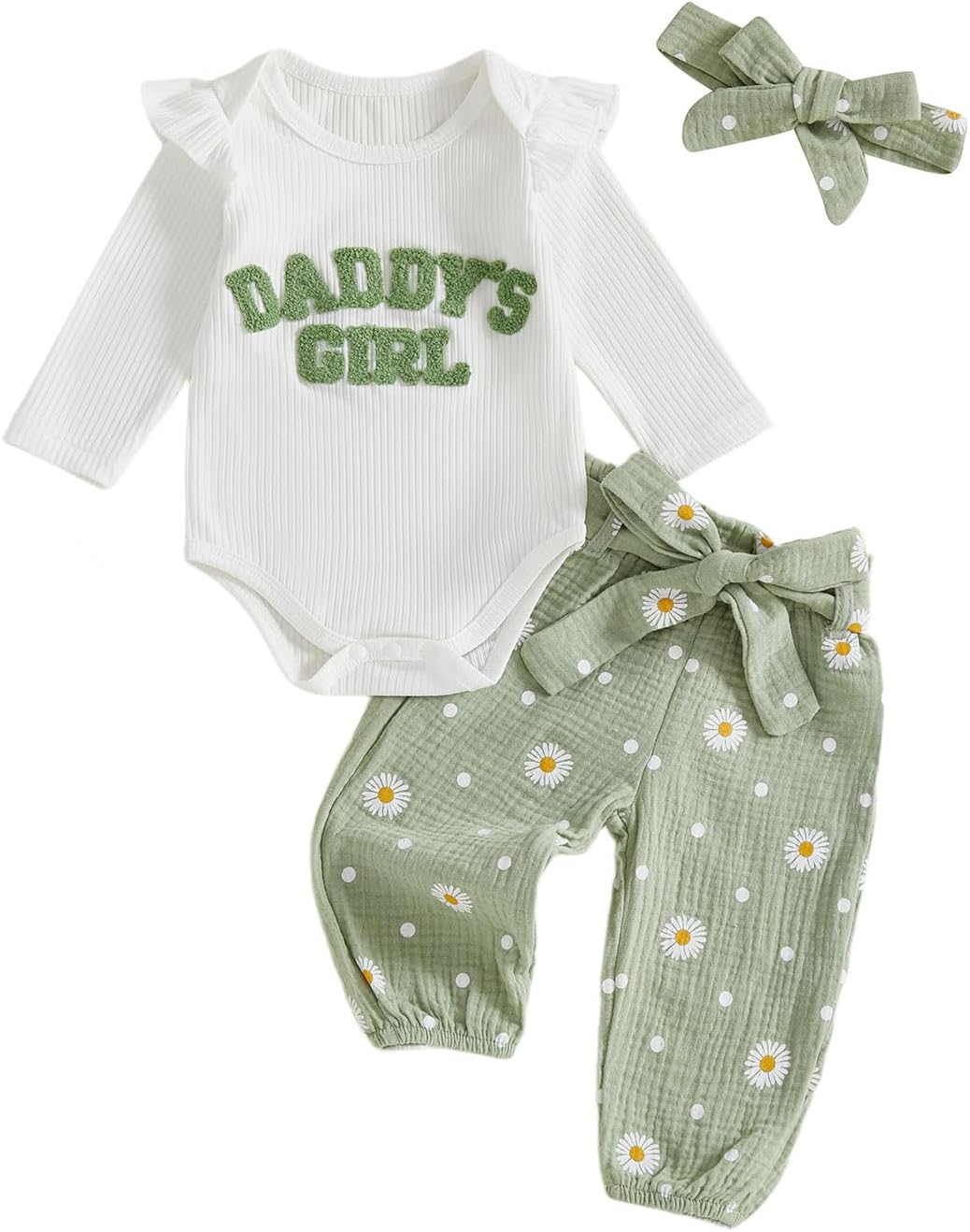 Tsnbre Newborn Baby Girl Outfits Daddys Girls Ruffle Long Sleeve Romper Top Pants Headband Infant Fall Winter Clothes
